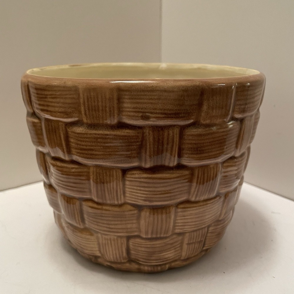 Vintage Brown Ceramic Basketweave Planter Cachepot Glossy Glazed